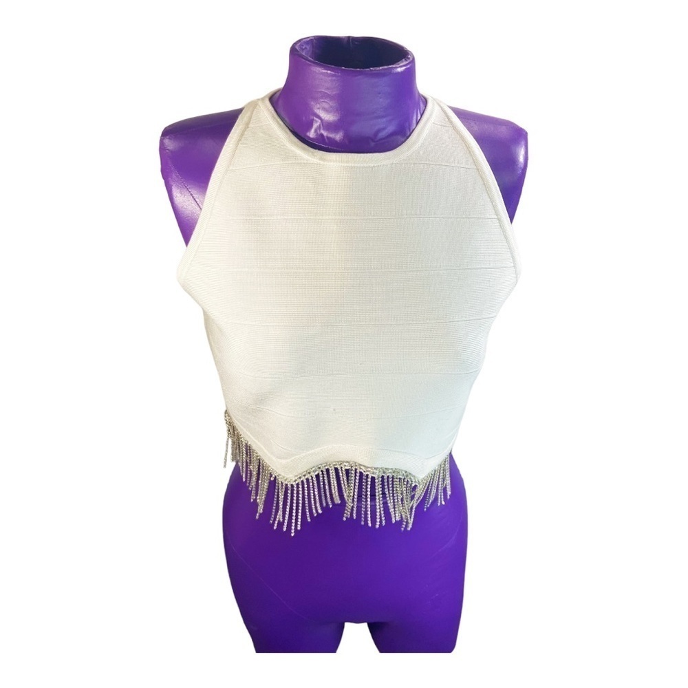 Guess white rhinestone sleeveless zip back crop top M